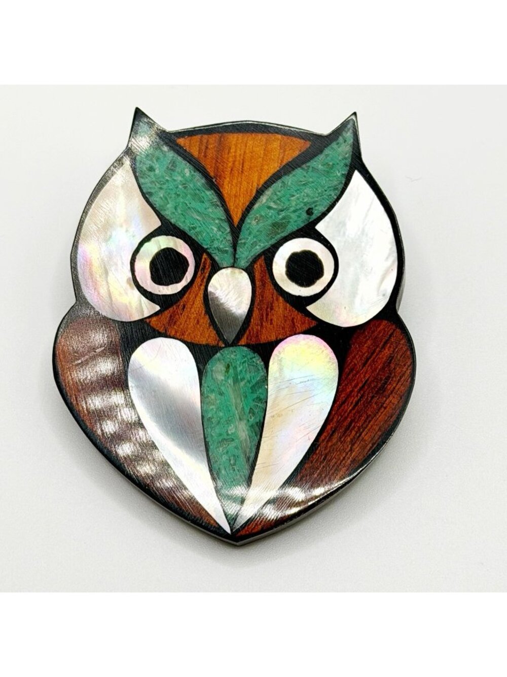 Abalone Mother Of Pearl Bayong Wood Inlaid Resin Owl Brooch Pin